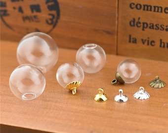 5sets 14mm-25mm Empty Glass Ball with ripple cap Glass vial pendant Necklace Pendant Glass bubble Glass locket charms