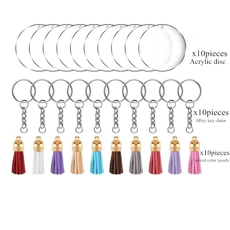 36set Acrylic Keychain Blanks kits, 3 Shapes Clear Acrylic Keychain Blanks  Leather Tassel Charms Key Chains Jump Rings for DIY Craft Ornament Engrave