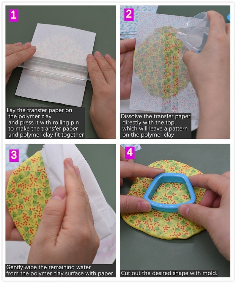 May include: A four-step guide on how to transfer a design onto polymer clay using transfer paper. The steps include placing the transfer paper on the clay, dissolving the paper with water, wiping away excess water, and cutting out the desired shape.