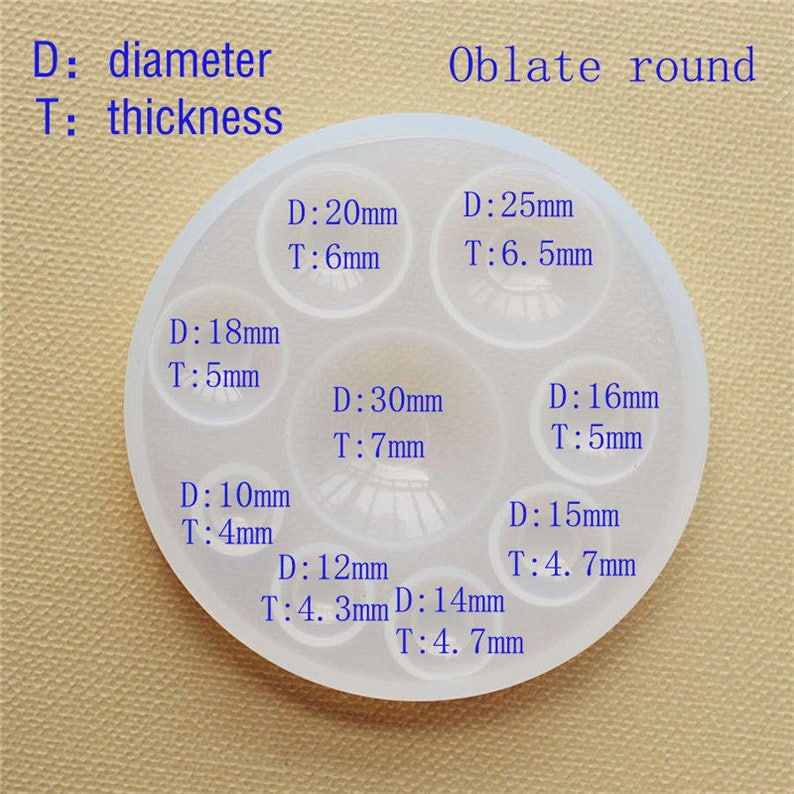 May include: A white silicone mold with eight round cavities of different sizes for making resin crafts. The mold is labeled with the diameter and thickness of each cavity in millimeters. D: diameter, T: thickness.