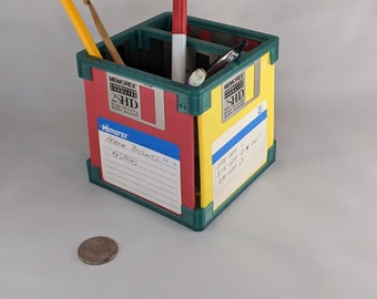 3D Printed Retro Computing Desk Organizer with Upcycled Floppy Disks - Customizable Colors | Fast Shipping