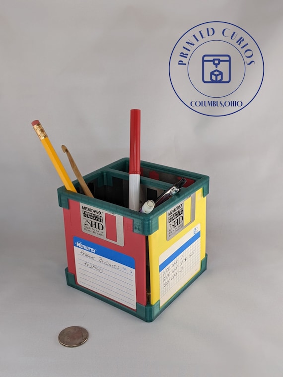 3D Printed Retro Computing Desk Organizer with Upcycled Floppy Disks - Customizable Colors | Fast Shipping