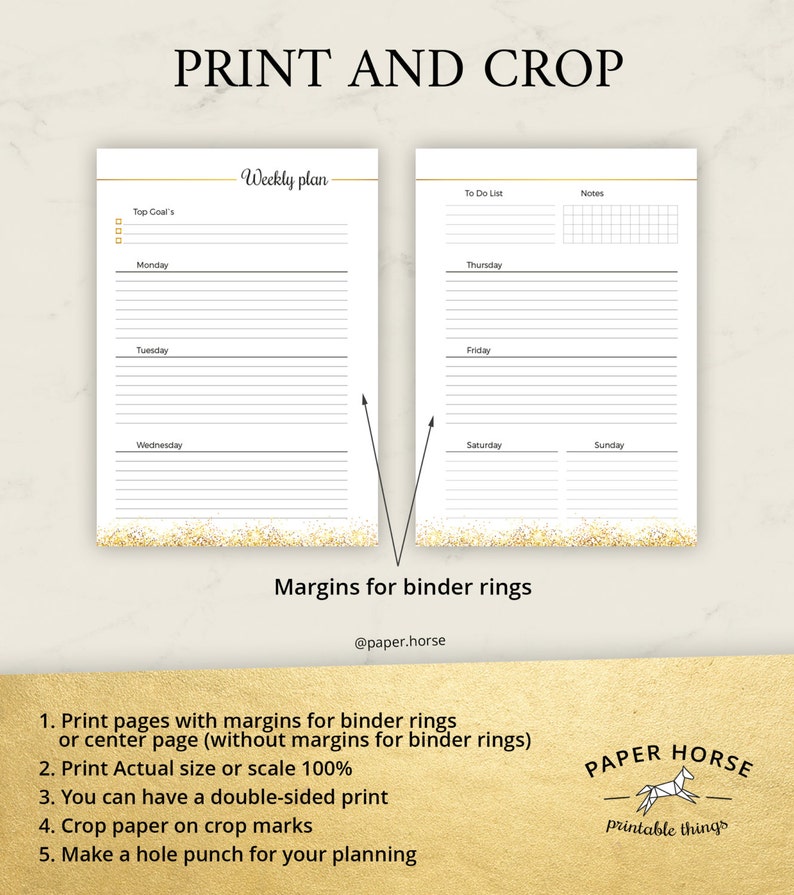 gold glitter weekly planner printable pdf printable