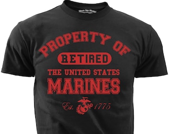 May include: Black t-shirt with red text that reads "Property of Retired The United States Marines Est. 1775".