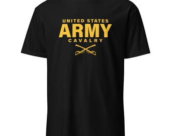 May include: Black t-shirt with the words "UNITED STATES ARMY CAVALRY" in gold lettering. Below the text are two crossed sabers in gold. The shirt is a classic crew neck style.