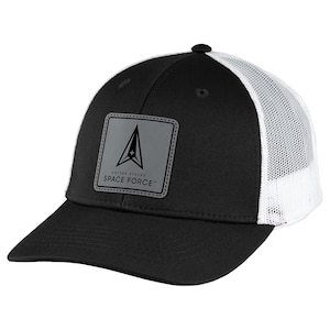 May include: Black and white trucker hat with a reflective patch featuring the United States Space Force logo. The logo is a gray triangle with a star and the words "United States Space Force".