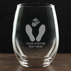USMC MCRD Footprints - Personalized 21 oz. Stemless Wine Glass - Made in the USA