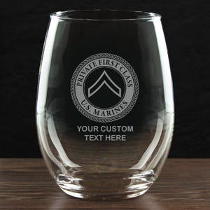 USMC E-2 PFC - Personalized 21 oz. Stemless Wine Glass - Made in the USA