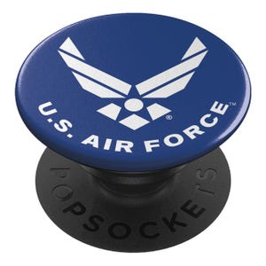 May include: A blue phone grip with the U.S. Air Force logo and the text "U.S. AIR FORCE" in white. The grip is made by PopSockets.
