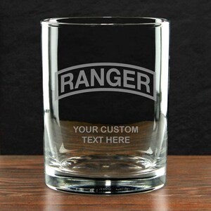 May include: A clear glass tumbler with the words "RANGER" etched in gray on the front. The tumbler also has the words "YOUR CUSTOM TEXT HERE" etched on the front.