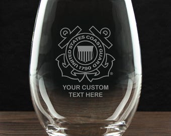 U.S. Coast Guard Logo - Personalized 21 oz. USCG Stemless Wine Glass - Made in the USA