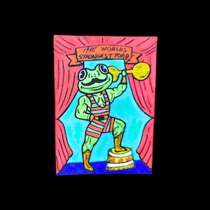 May include: A colorful illustration of a muscular frog lifting a yellow dumbbell. The frog, with a mustache, is wearing a striped outfit and boots, standing on a circus-style platform. The banner above reads "THE WORLDS STRONGEST TOAD."