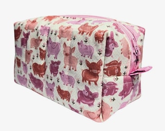 Pig Print Boxy Pouch: Handmade Zippered Cosmetic Bag