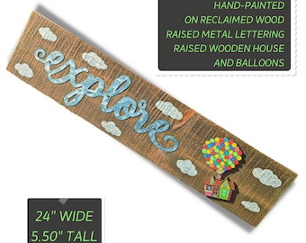 UP-huis met ballonnen, handgeschilderd Explore-houten bord