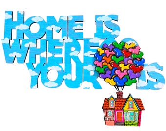 UP! inspired Home is where your Heart is with Mickey balloons, a Wooden sign