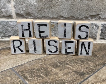 HE IS RISEN Rustic Wood Blocks-Easter Decor-Religious Easter Decorations