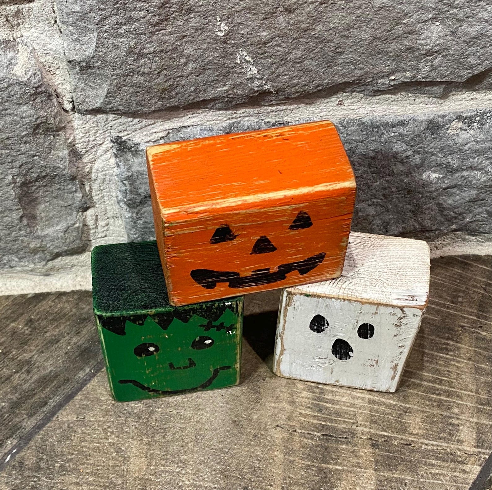 Rustic Monster Box Halloween Monster Trio Blocks: Rustic Frankenstein, Ghost, Pumpkin ...