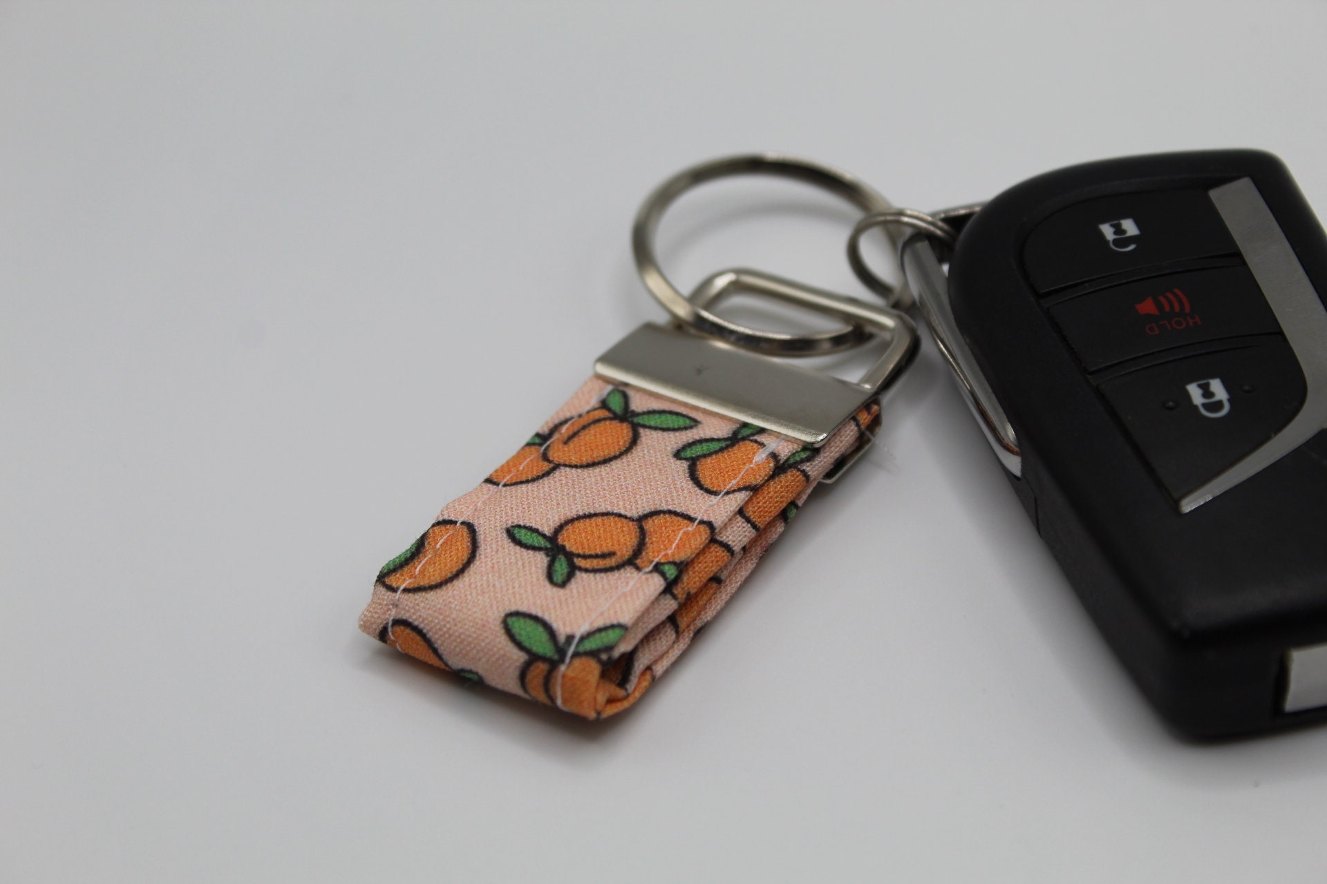 Peaches Key Fob, Matching Key Fob, Fruit Key Chain, Teal Key Chain