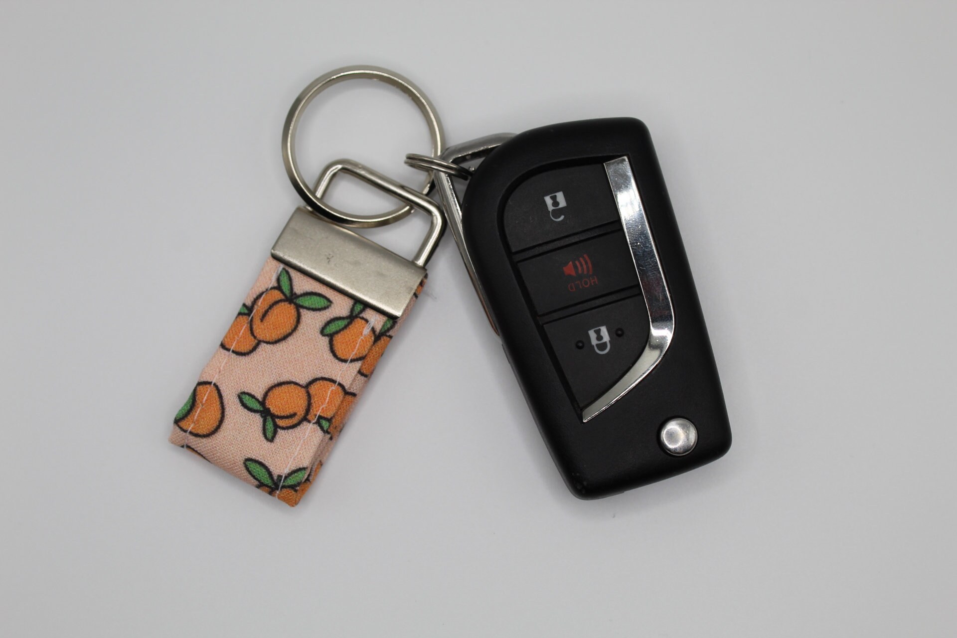 Peaches Key Fob, Matching Key Fob, Fruit Key Chain, Teal Key Chain