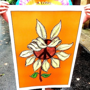 Póster vintage de girasol con el símbolo de la paz de los años 70. Impresión artística original para decoración del hogar, regalo de cumpleaños para hombre y mujer, pintura retro MCM, arte de pared.