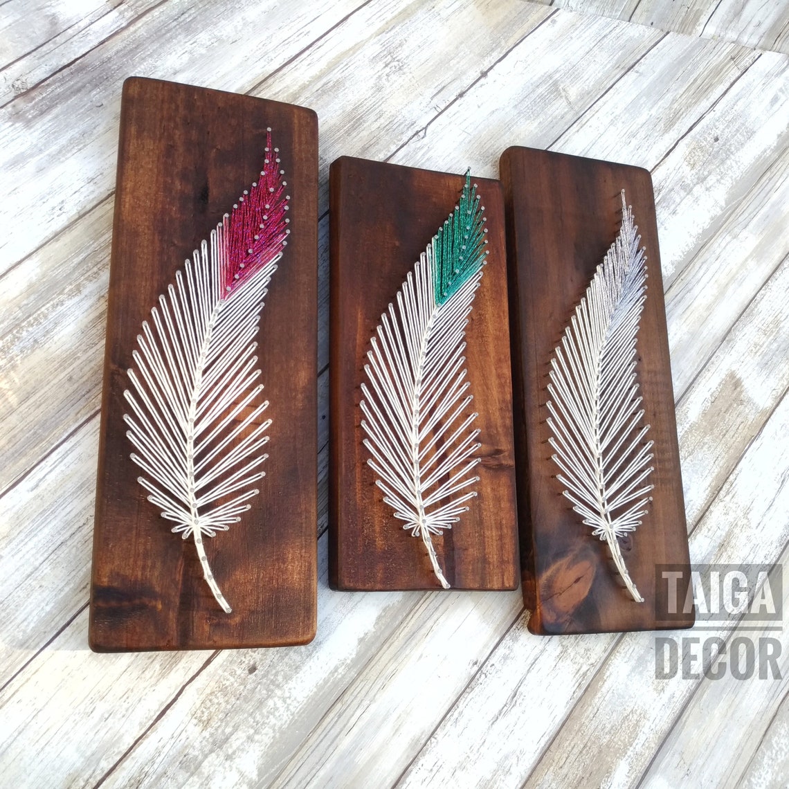 Set of 3 Feathers string art Wooden tribal boho wall decor Etsy