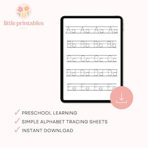 May include: A digital tablet displays alphabet tracing sheets for preschool learning. The letters A through E are shown in uppercase and lowercase, with dotted lines for tracing. The image includes the text "little printables studio".