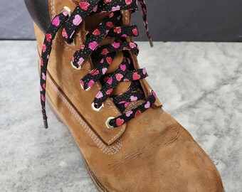 Valentine's Day Shoelaces, Black Shoelaces with Red and Pink Hearts and Gold Dots