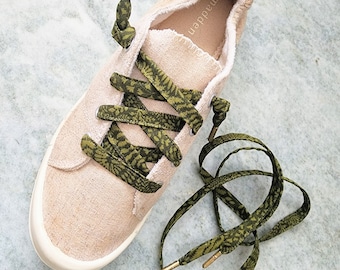 Loden Green Fern Leaves Tone on Tone Shoelaces for Plant Lovers, Plant Mom Sneakers