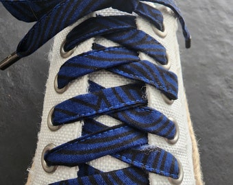 Black and Blue Flat Shoelaces with Stripes, 45 Inch, 54 Inch, Handcrafted in the USA