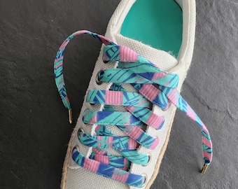 Shoelaces 1980s Miami Palm Trees Pink Blue Aqua Striped Flat Cotton Shoelaces Vaporwave Shoelaces for 80s Party