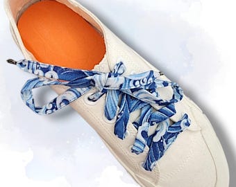 Blue and White Ocean Waves Patterened Flat Cotton Shoelaces