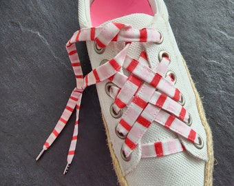 Candy Striped Red, White, and Pink Flat Cotton Shoelaces, Pink Christmas Laces