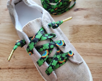 Green Shamrocks St. Patrick's Day Flat Shoelaces with Rainbows, Four Leaf Clover Shoelaces