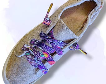 Purple, Pink, and White Oil Slick Patterened Flat Cotton Shoelaces