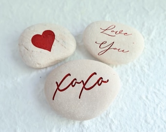Set of 3 Engraved River Stones: Heart, Love You, xoxo perfect for husband, wife, boyfriend, girlfriend, anniversary, and valentines day