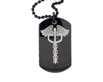 Personalized Black Medical Alert Pendant: Engraved Stainless Steel Dog Tag