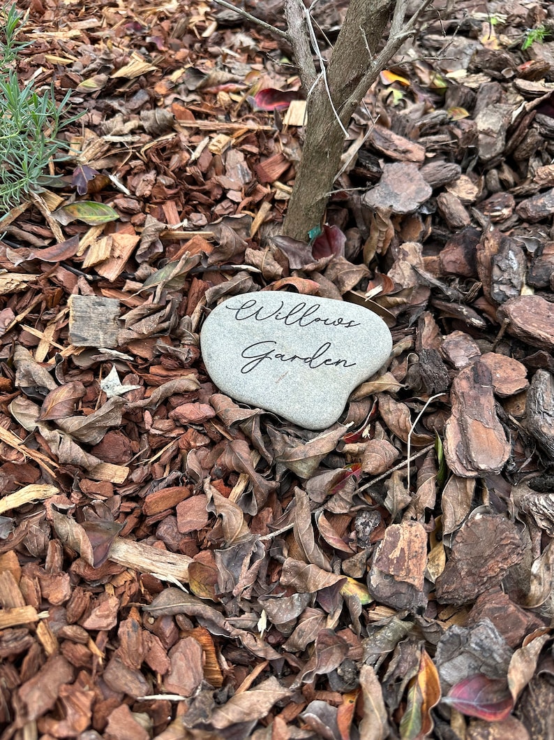 Pu&ograve; includere: Primo piano di una pietra grigia con le parole "Willows Garden" incise su di essa. La pietra &egrave; circondata da trucioli di legno marroni.