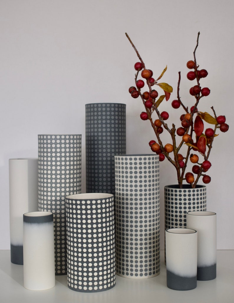 Dot Vases, Monochrome Cylinder Vessels, Contemporary Ceramics Hand Made