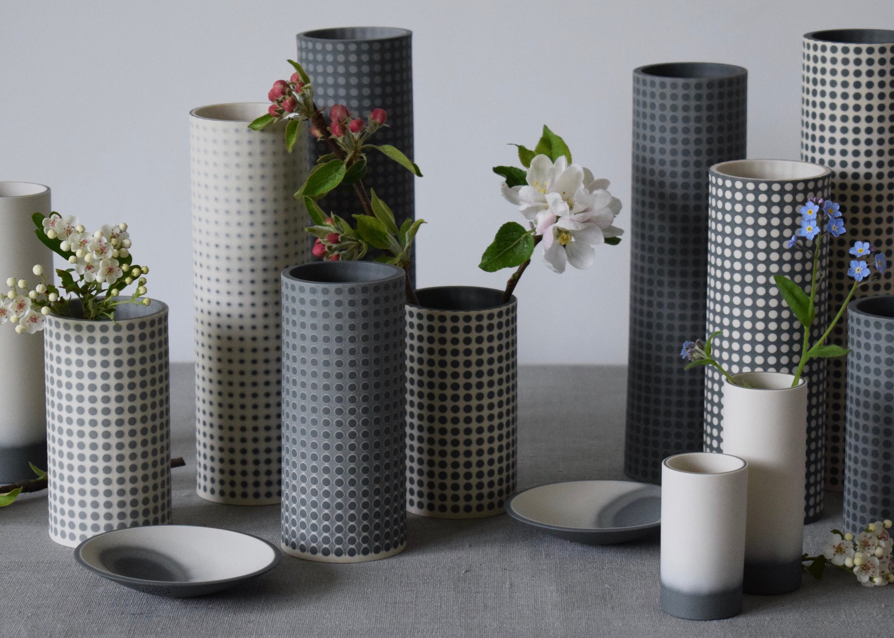 Dot Vases, Monochrome Cylinder Vessels, Contemporary Ceramics Hand Made
