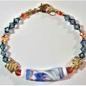Bracelet: Blue/White/Orange Lampwork Tube, Fire Opal & Montana Blue AB Swarovski Crystal, Vermeil Squares, Gold-Filled Bicones, 14K GP Clasp