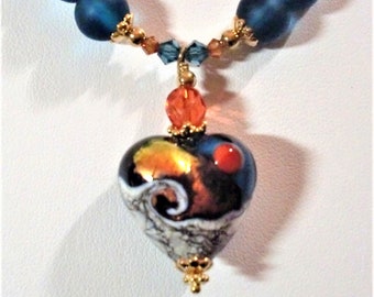 Jewelry Set: "Romantic Isle Waves" Glass Hearts; Peacock Blue 100% Recycled Glass Beads; Orange Czech Glass; Swarovski Crystals; GF Clasp