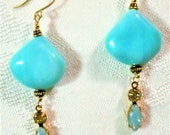 Jewelry Set Peruvian Blue Opal Teardrops, Vint Jonquil Cryst Aqua Sabrina Glass Navette Drops, Gld-Pl Hex Beads, Etched Bronze Cable Chain