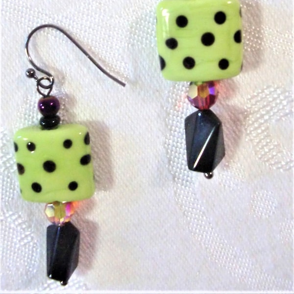 Earrings: Lime & Black Lampwork Glass Squares, Fire Opal AB Swarovski Crystal, Black Onyx Geometric Teardrops, Metallic Purple Hematite