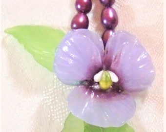Jewelry Set: Lampwork Glass Pansy Bead; Plum Freshwater Pearls; Vintage Lavender Glass; Lucite Leaves; Light Green Czech Firepolish Glass