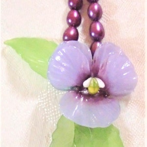 Jewelry Set: Lampwork Glass Pansy Bead; Plum Freshwater Pearls; Vintage Lavender Glass; Lucite Leaves; Light Green Czech Firepolish Glass