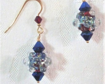 Earrings: Red/Blue/Dichroic Bubble Beads, Siam & Metallic Blue 2X Swarovski Crystals, Gold-Filled Beads, and Gold-Plated French Hooks