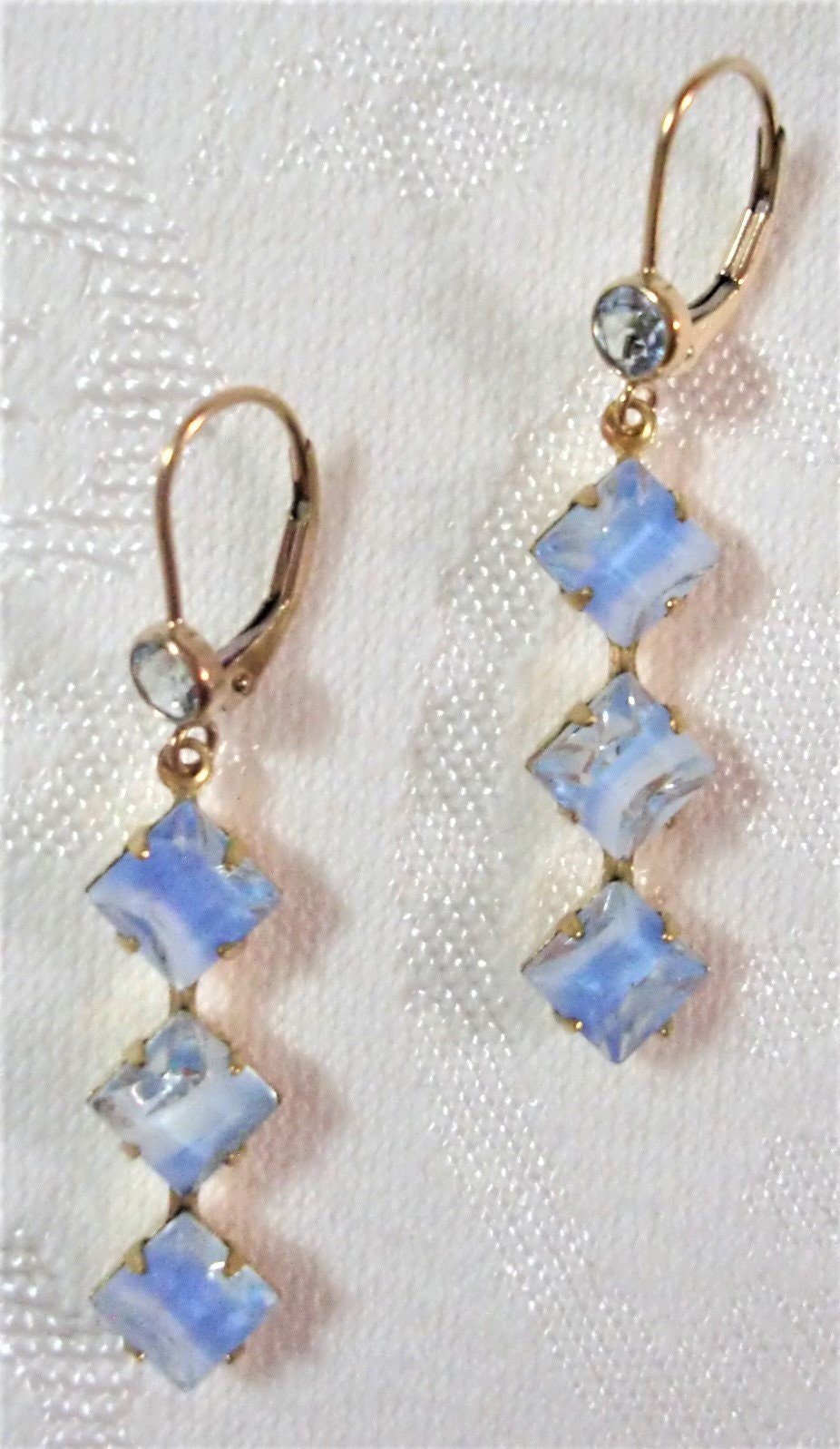 Earrings Vintage Blue Givre Triple DiamondBrass Dangles with Gold-Filled Leverback Earrings Set with Round Blue Topaz Cubic Zirconias