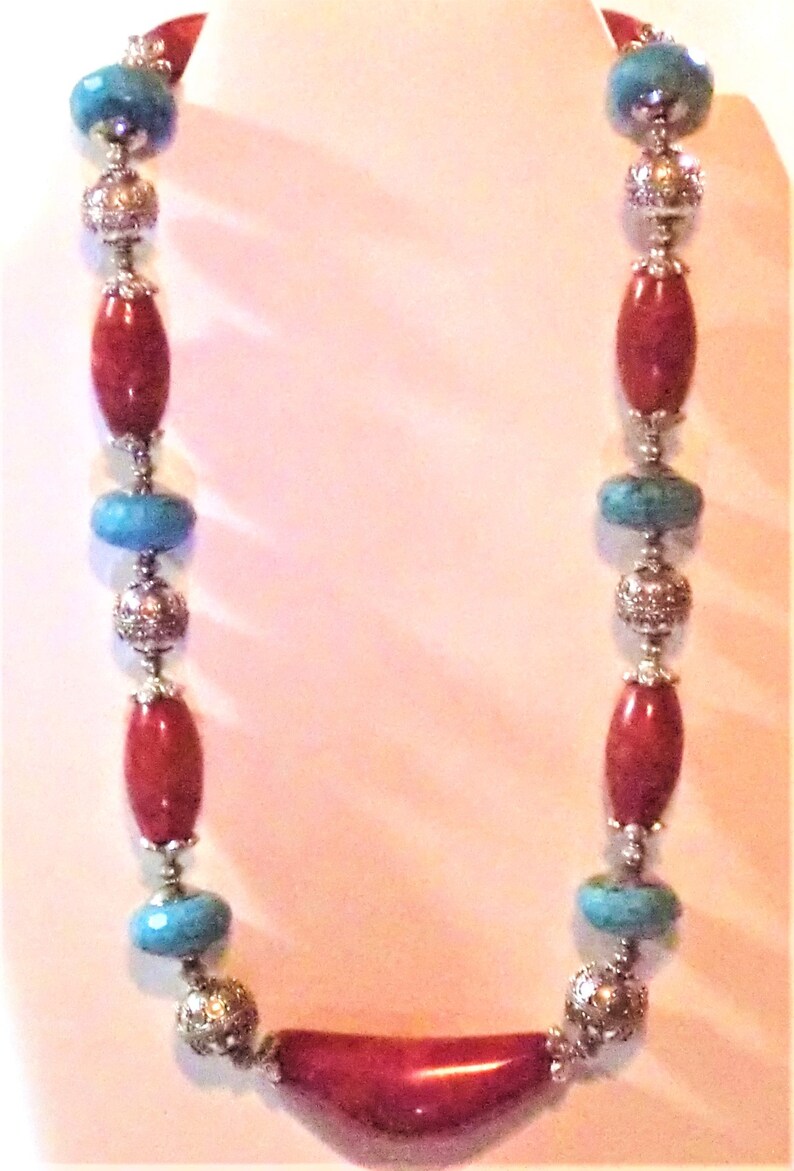 SP Pewter Bead Caps /& Sterling Clasp Necklace: Fossilized Sponge Coral Beads Turquoise-Dyed Howlite Rondelles Bali Sterling Silver Beads