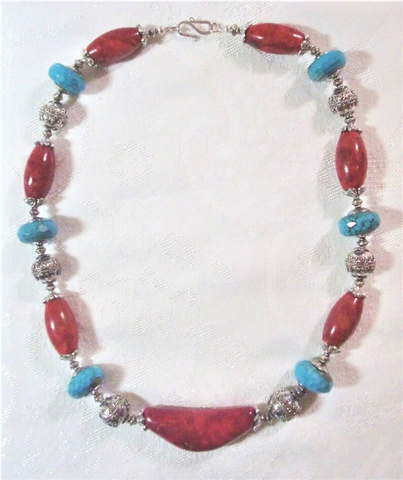 SP Pewter Bead Caps /& Sterling Clasp Necklace: Fossilized Sponge Coral Beads Turquoise-Dyed Howlite Rondelles Bali Sterling Silver Beads