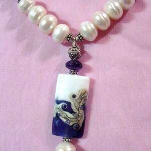 Jewelry Set: Purple/White Kalera Glass Pendant, Jumbo White FW Button Pearls, Purple Velvet AB Swar Crystal, Genuine Amethyst, Bali Sterling